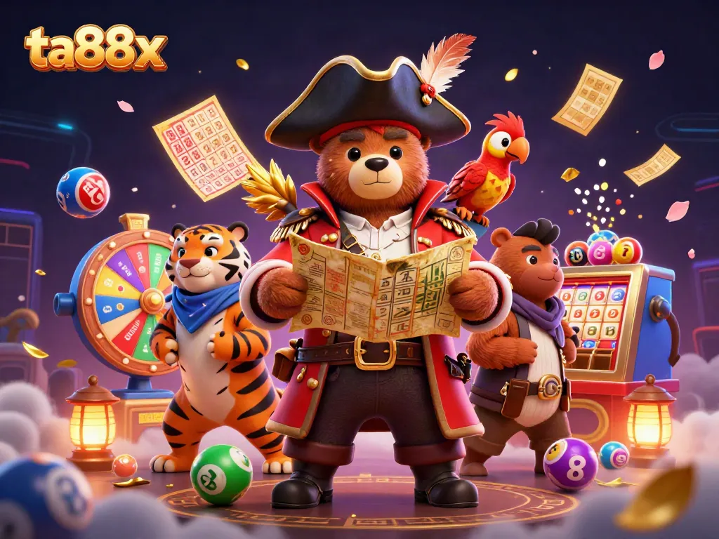 Engage with ta88x's vibrant casino scene featuring a pirate bear, tiger, and golden lottery elements.