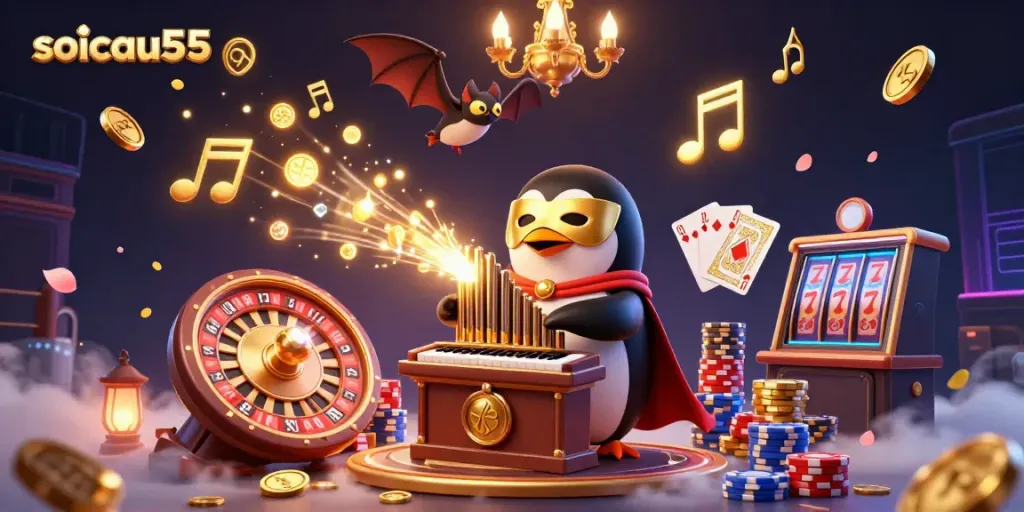 Shoot golden coins from pipe organ with soicau555, featuring casino elements like roulette and poker chips.