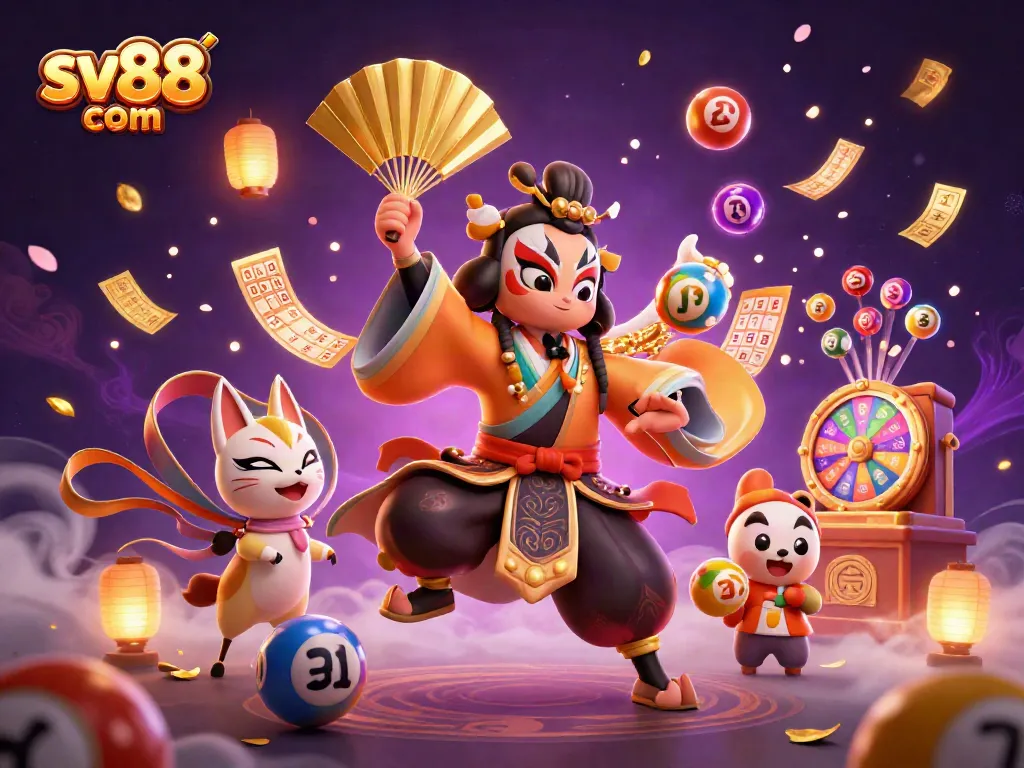 Engage with sv88 com's vibrant games, featuring colorful lottery balls and an animated kabuki warrior.