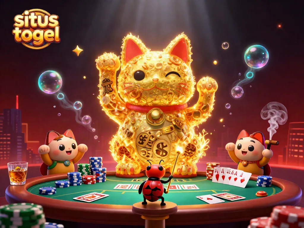 Engage in situs togel while witnessing a whimsical scene with a lucky cat made of fireflies amidst a vibrant casino environment.