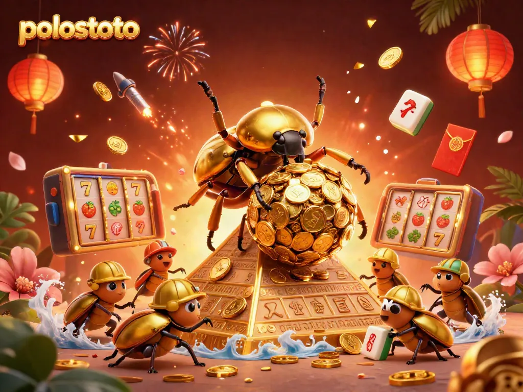 Experience the excitement of Polostoto with a vibrant scene of golden beetles and slot reels.